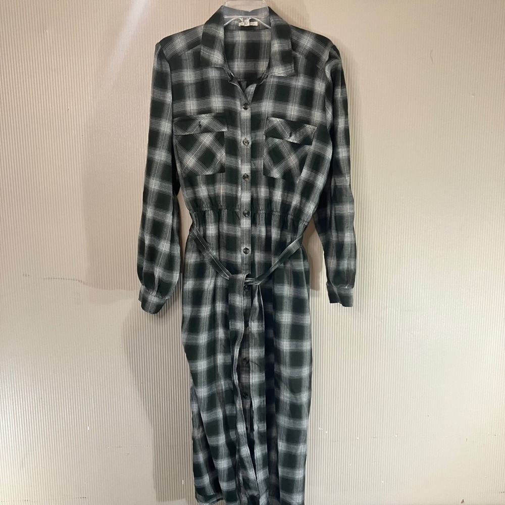 Kate & Sam Green Plaid Button Up Midi Shirt Dress XXL Long Sleeve Belted Pocket